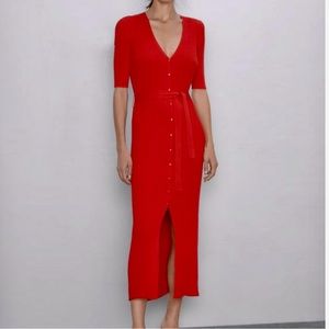 🔥 ZARA Red Knit Midi Dress with Buttons & Waist Tie